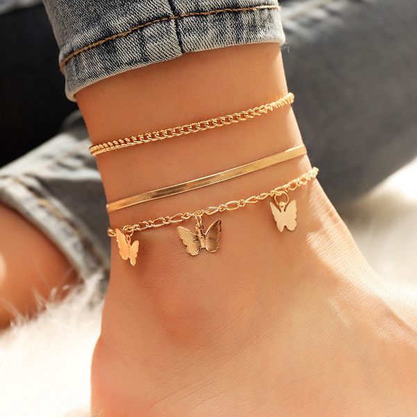 

multi-layers butterfly pendant chains anklet for women gold color chain boemian summer anklets foot jewelry, Red;blue