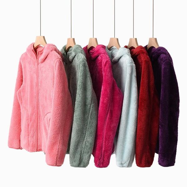 

women's jackets double-sided polar fleece autumn and winter plus velvet thick warm coral hooded sweater women cardigan jacket, Black;brown