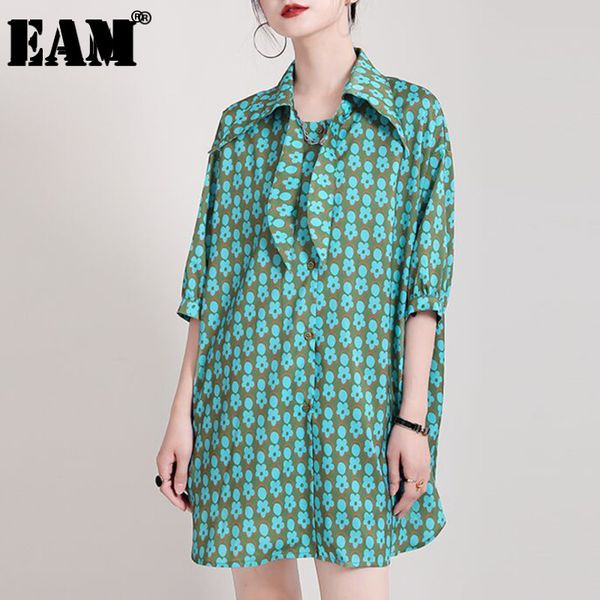 

[eam] women green big size floral print casual dress lapel half sleeve loose fit fashion spring summer 1dd7163 210512, Black;gray