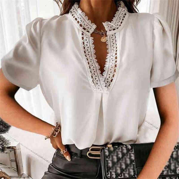 

women's knits & tees women summer v neck lace patchwork blouses white black shirt casual office ladies female short sleeve wo