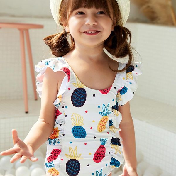 

clothing sets kids girls fashion cartoon pineapple print 1-piece swimsuit stylish ruffle bathing suit, White