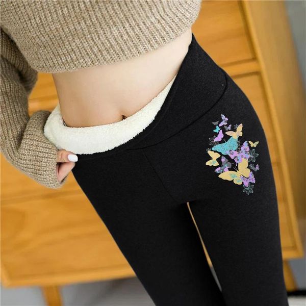 

women's leggings butterfly print autumn winter solid color workout elastic waist thermal velvet thicken trousers pants, Black
