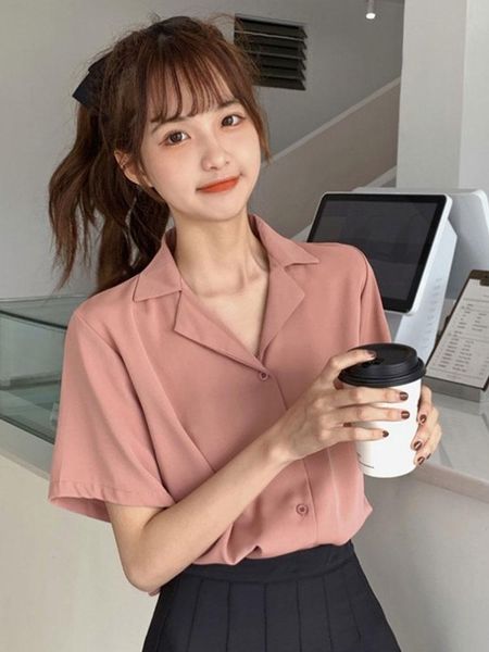 

women summer solid color shirt retro short sleeve suit collar small lapel loose casual blouse women's blouses & shirts, White