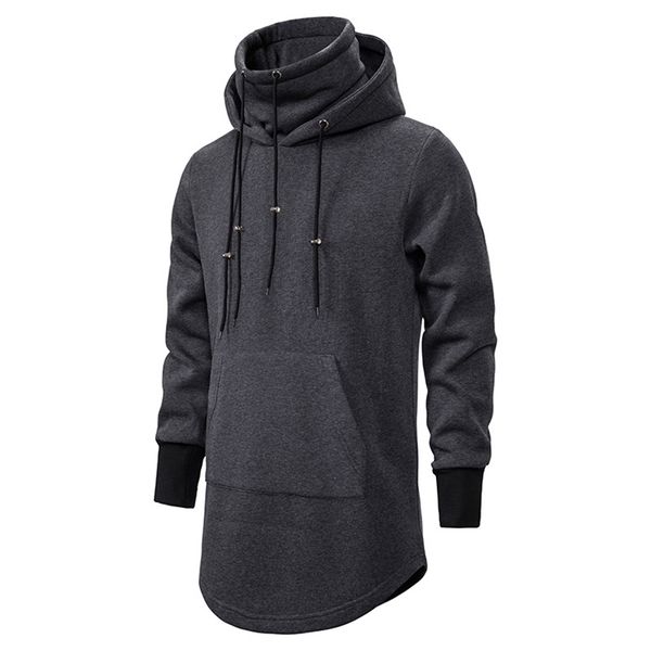 Homens Slim Longo Seção Alta Collar Com Capuz Homem Estenda Curvo Hem Sólido Algodão Preto Casual Pullover Hoodies 211014