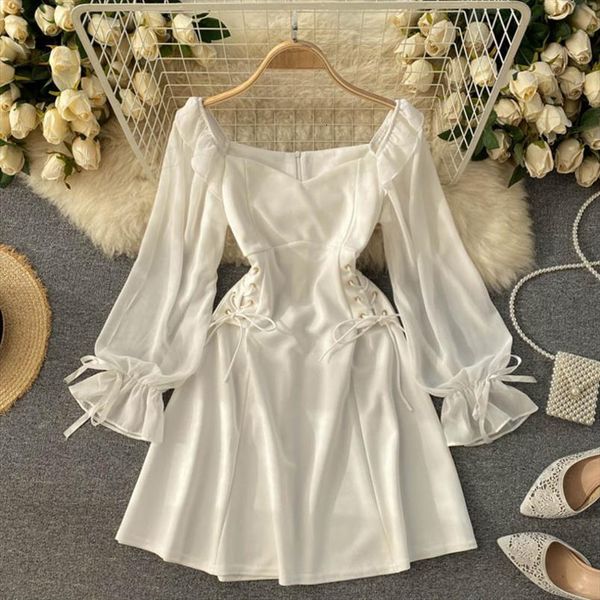 

spring vintage a line side women dresses bandage corset ladys puff sleeve knee length female gothic style party vestido, Black;gray