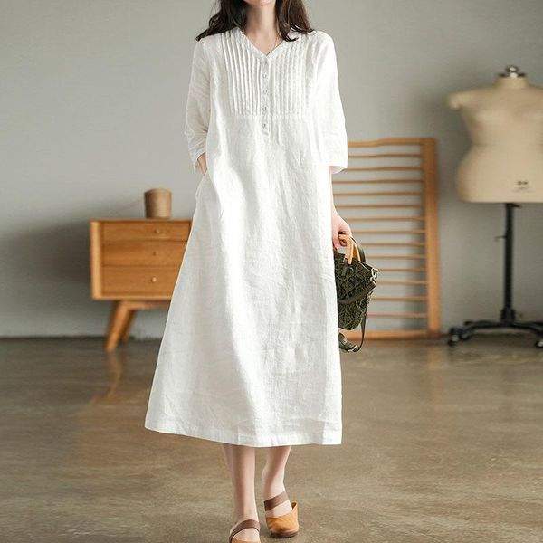 

casual dresses nini wonderland summer elegant pleated shirt dress women v-neck half sleeve vintage 2021 linen loose korean style, Black;gray