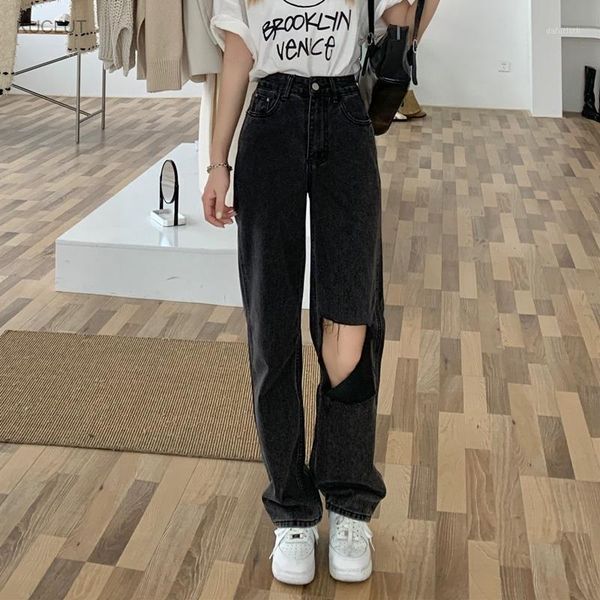 

women's jeans summer 2021 korean pants high waist and thin hole black straight, Blue