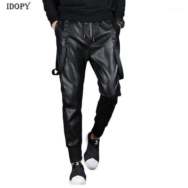 

men's pants idopy men`s street faux leather joggers harem hip hop ankle cuffed elastic waist drawstring pu joggings trousers for male, Black