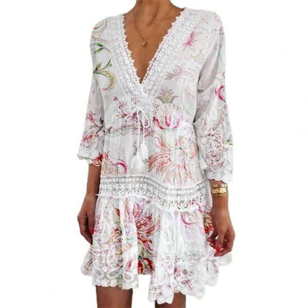 

casual dresses women summer dress 2021 floral print crochet patchwork 3/4 sleeve v neck lace-up beachwear, Black;gray