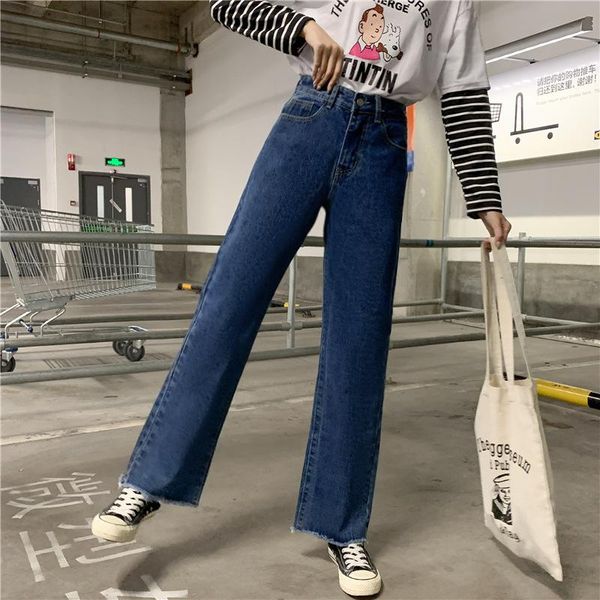 

women's jeans denim straight loose 2021 spring autumn wear large size fat mm high waist thin daddy wide leg baggy pants, Blue