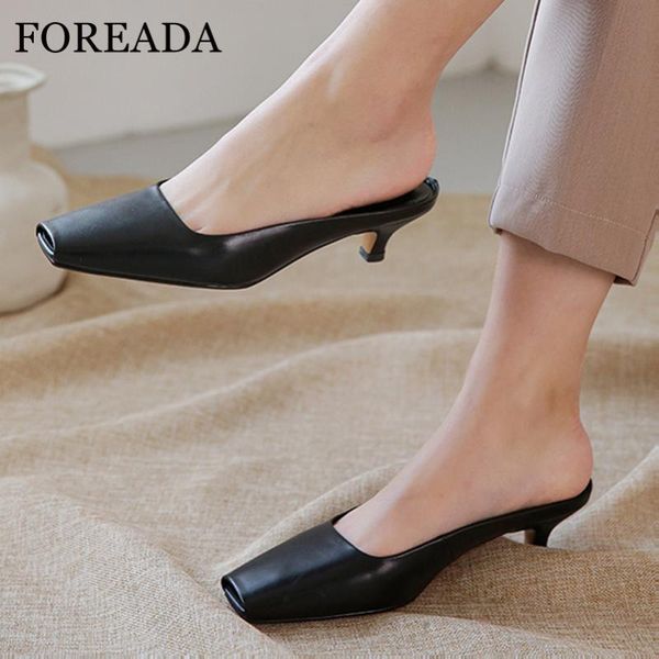 

dress shoes foreada woman mules natural genuine leather high heels block pumps square toe med heel female footwear, Black