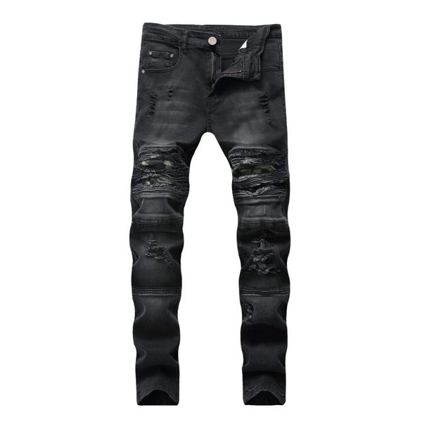 

men's jeans black blue denim moto bike skinny ripped hole for plus size 2021 autumn spring hip hop punk rock streetwear trouers