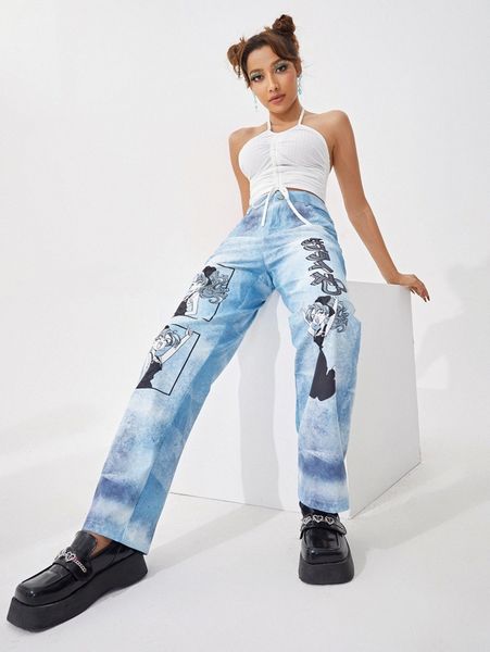 

slogan and figure graphic tie dye pants q4pn#, Black;white