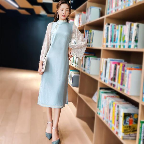 

ethnic clothing 2021 summer chinese style cotton jacquard girl blue stand-up collar lace hook flower stitching retro cheongsam ski, Red