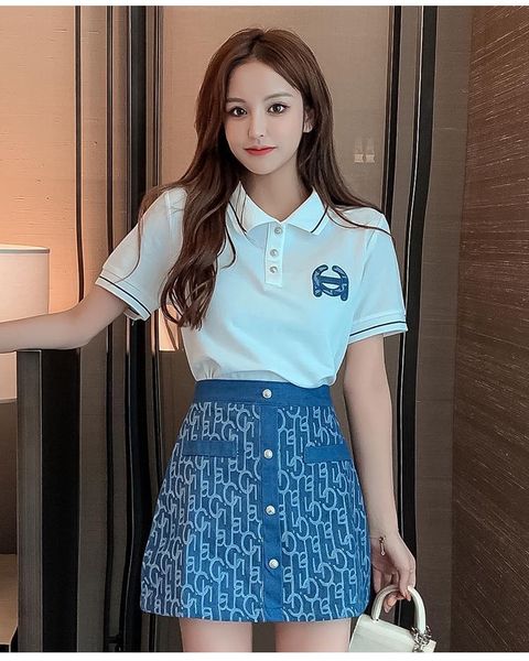 

women's two piece dress fashion small fragrance suit embroidery polo lapel deep blue denim letter jacquard single breasted high waist s, White
