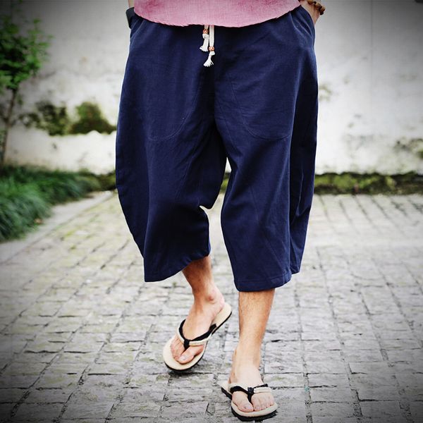 

men cotton linen baggy wide leg pants mens hanging crotch hip hop bloomers calf-length cross pant trousers, Black