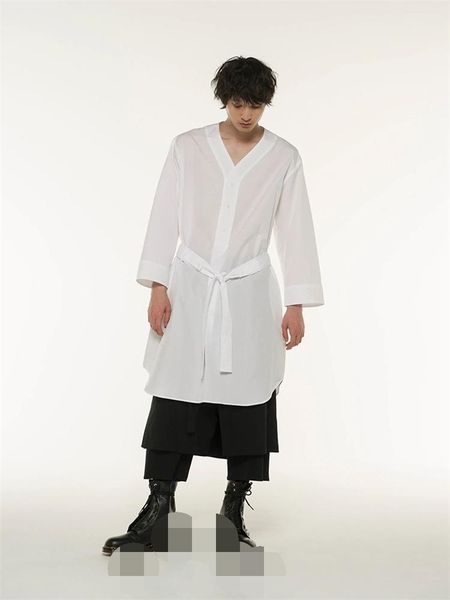 

men's casual shirts hairdresser's runway street long v-neck belt shirt white loose plus-size clothing, White;black