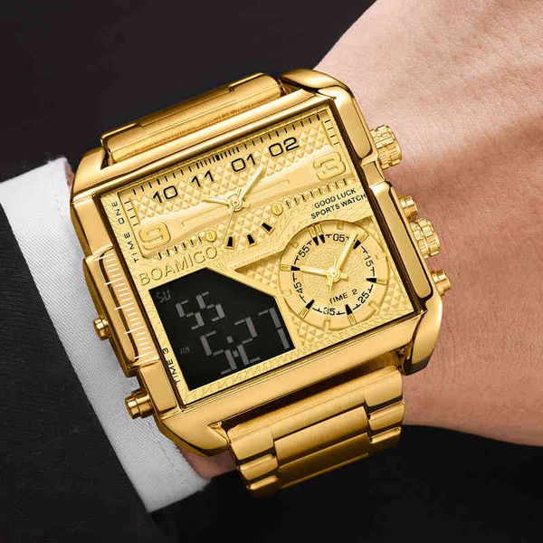 

boamigo 2021 new brand luxury fashion men watches gold stainless steel sport square digital analog big quartz watch for man, Slivery;brown