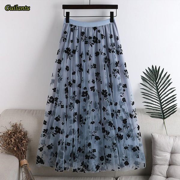 

skirts guilantu summer vintage long skirt women clothes fashion elastic high waist tulle mid-calf woman mesh floral office, Black