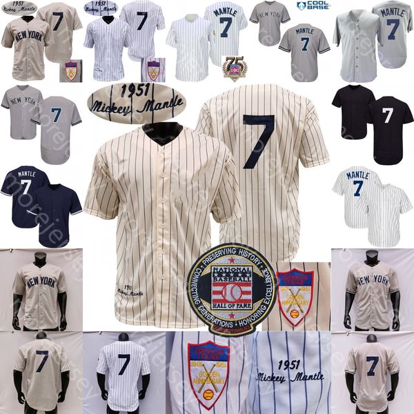 Mantle Jersey Hall Of Fame Patch 75th 1951 Grey Turn Back Cream White Pinstripe Navy Fans Player Saluto al servizio Taglia S-3XL