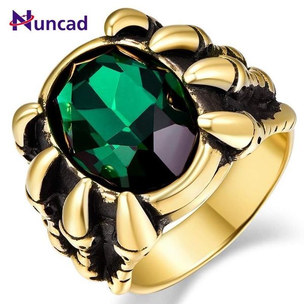 

wedding rings 2021 nuncad men's ring vintage stainless steel royal blue/green/red crystal inlay dragon claw band, Slivery;golden