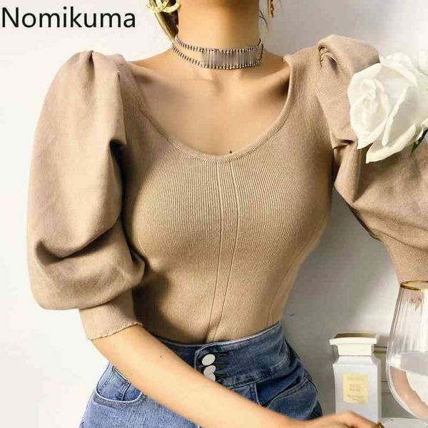 

nomikuma short stretch slim knitted korean square collar puff sleeve knitwear spring summer new sweaters 6f906 210427, White;black