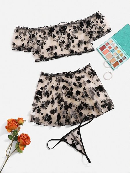

3pack plus sheer mesh lingerie set with skirt o6ti#, Black;white