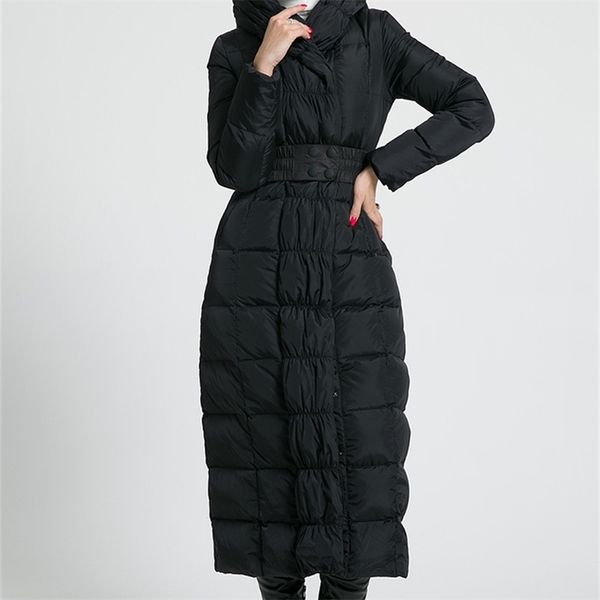 

womens winter long down jackets hooded belt big size black navy blue plus thickening outerwear coats 210927