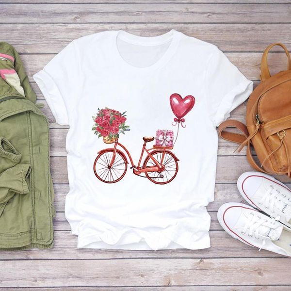 

sweet love valentine bike womens t shirt 90s fashion short sleeve print graphic female tee, White