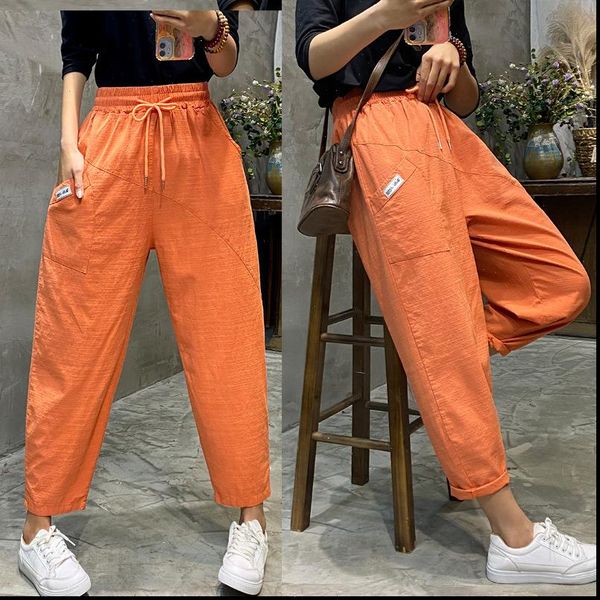 

harem trousers spring summer cotton womens capri linen loose solid elastic waist soft thin female ladys, Black;white