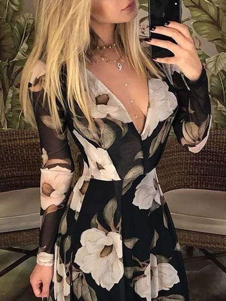 

chiffon casual dresses women's printed v-neck long dress, Black;gray