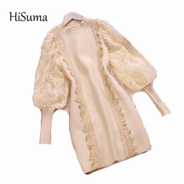 

casual dresses hisuma 2021 winter women's half high-neck lantern sleeve knit with lace sheath dress female elegant fairy sweater, Black;gray