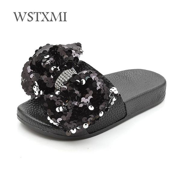 

slipper slippers girls summer sequin bow princess kids shoes children casual beach sandals baby indoor home non-slip flip flop, Black;grey