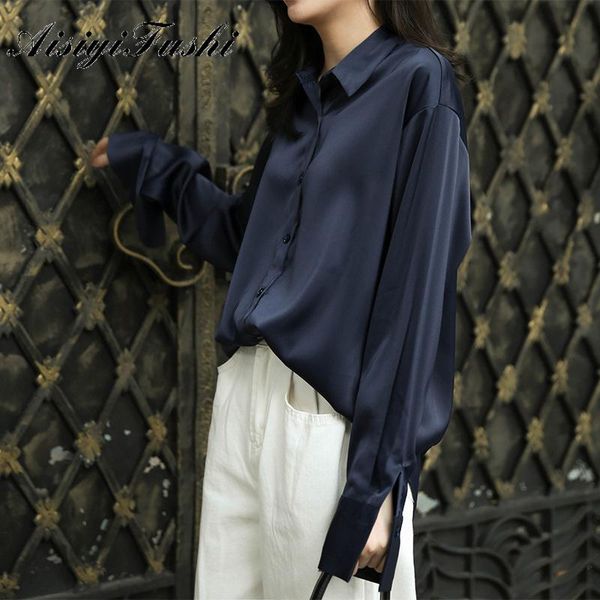 

spring women fashion long sleeves satin blouse vintage button down lapel neck street shirts elegant silk blusas women's blouses, White