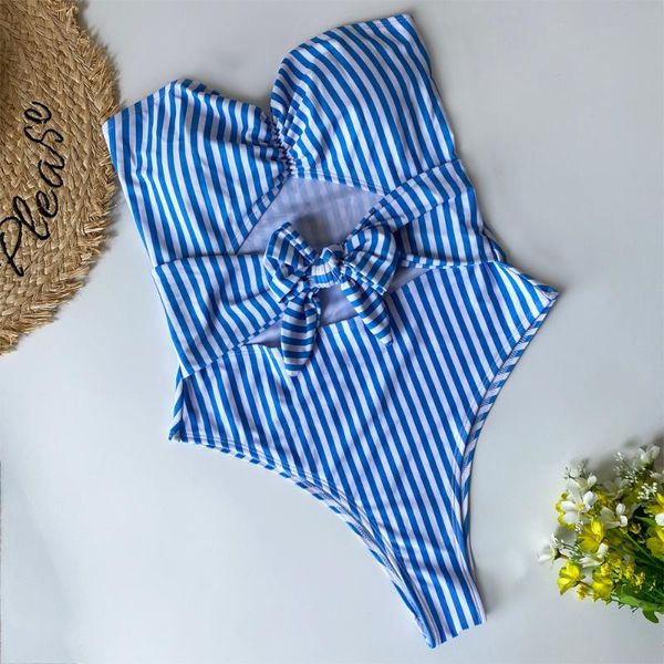 

one-piece suits off-shoulder swimsuits hollow out swimwear women bathing suit retro blue and white striped swimsuit one piece