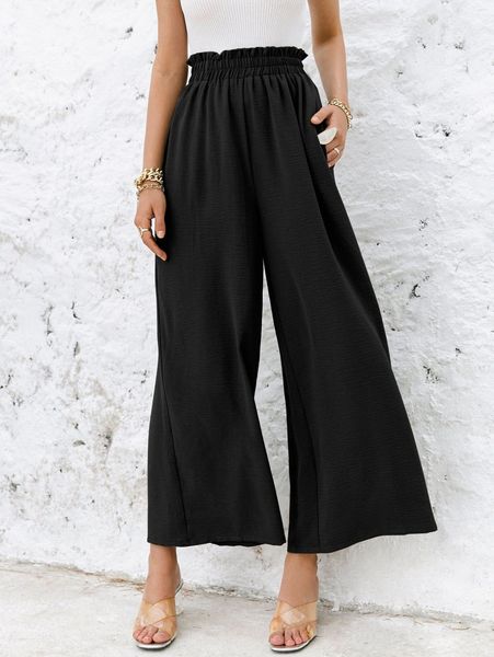 

simplee frill elastic waist wide leg pants k6ak#, Black;white