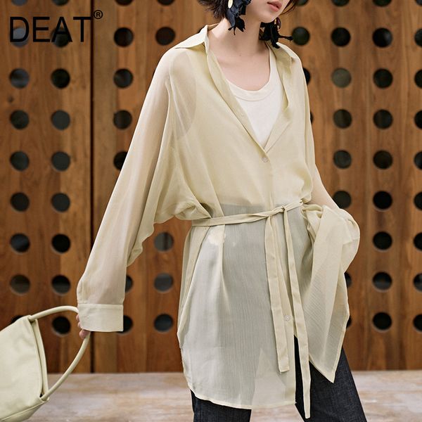 

deat summer fashion women clothes turn-down collar fgull sleeves thin organza shirt loose sunscreen cardigan wp65200 210428, White;black