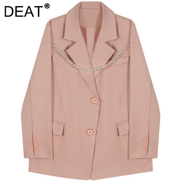 

women's suits & blazers [deat] 2021 autumn fashion tide coat loose fit long sleeve turn-down collar single-breasted beaded chain blazer, White;black