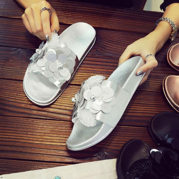 

slippers women summer sequins flower string bead leaf lazy slides platform creepers beach sandals bronze cozy plus size 41 shoes, Black
