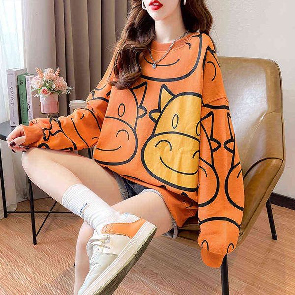 

women's hoodi sweatshirts autumn and winter 2022 plush thickened loose large women's wear korean funny cartoon printed round neck, Black
