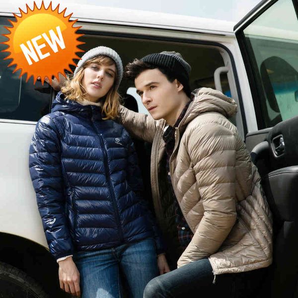 

winter men women slim white duck down jacket casual solid color hooded coat ultra-light waterproof windproof warm zipper outwear, Black