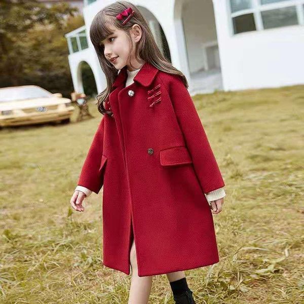 

jackets girls jacket coat 2021 autumn winter medium long woolen solid color 4-12 years girl fashion red wool trench outerwear, Blue;gray