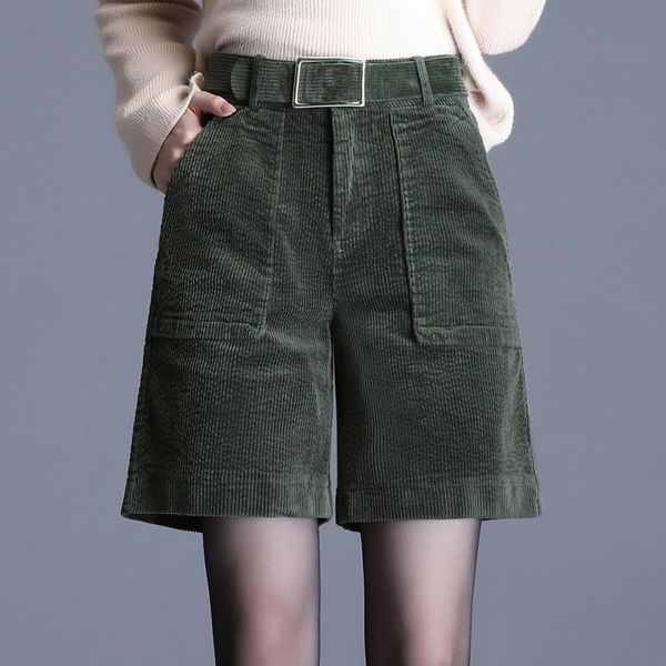 

winter fall fashion womens high waisted green black blue wide leg corduroy shorts , korean style casual woman 4xl women's, White;black