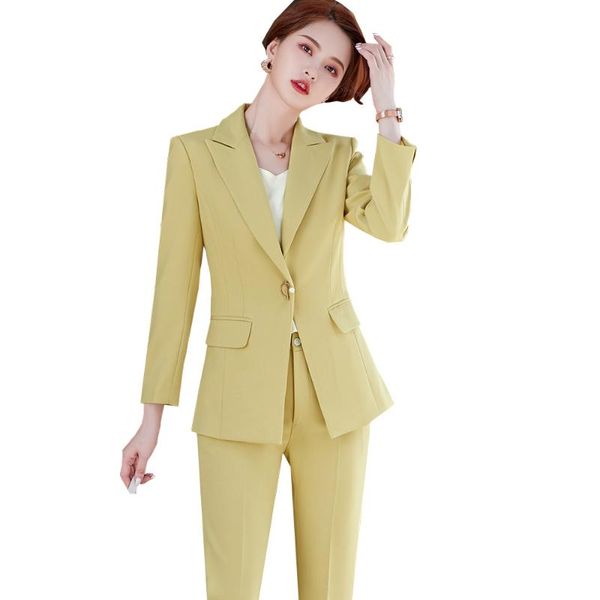

women's two piece pants spring autumn black pink yellow women pant suit office ladies formal work jacket blazer and trouser female busi, White