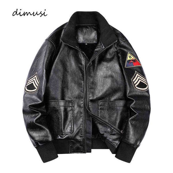 

dimusi men's bomber jacket casual male outwear leather coats fashion fleece warm retro military leather jackets mens clothing y1122, Black;brown
