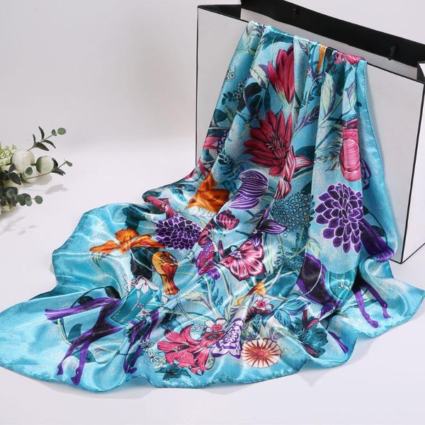 

scarves d style summer soft silk muffler women fashion printed foulard lady party shawl large square good wraps hijab 90x90cm, Blue;gray