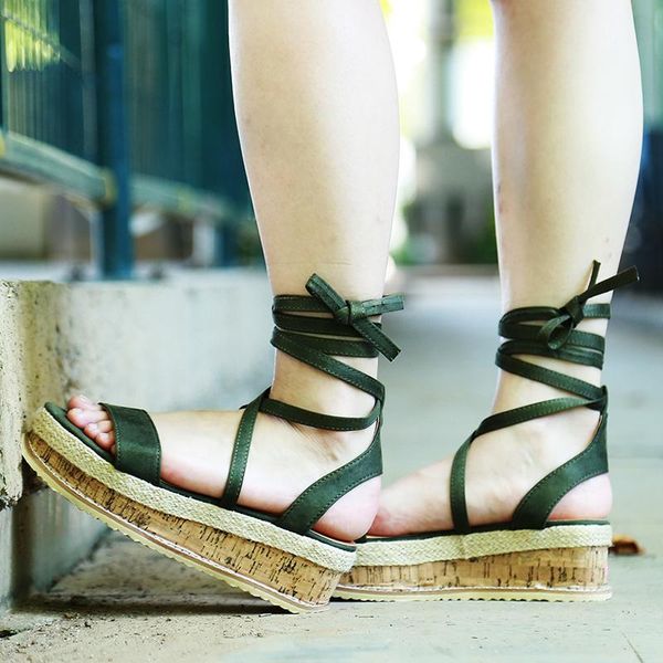

summer wedge espadrilles women sandals open toe gladiator casual lace up platform, Black