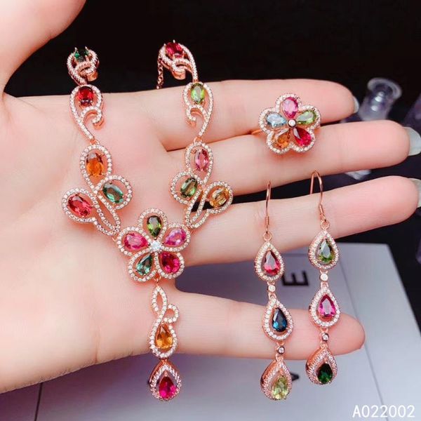 

fine jewelry 925 sterling silver inlaid natural tourmaline ring pendant earring set luxury supports test bracelet, earrings & necklace, Black