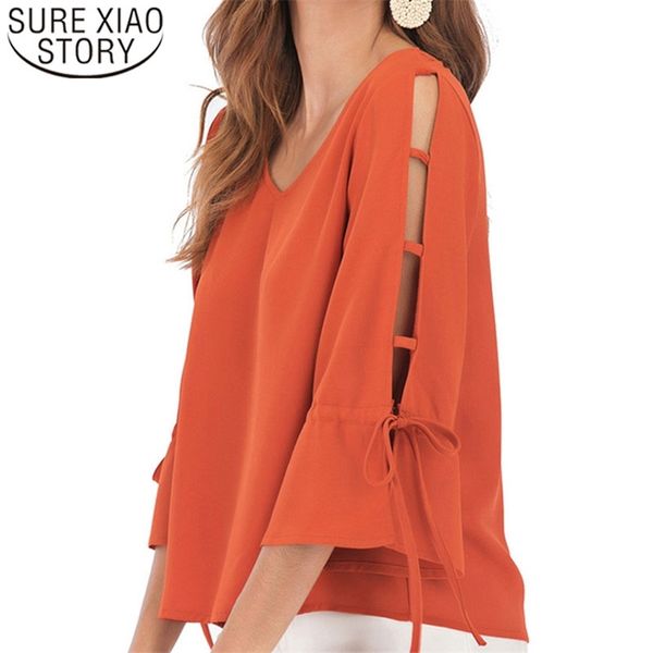 

women blouse and ladies chiffon bow plus size harajuku shirts v-neck flare sleeve womens clothes 3860 50 210510, White