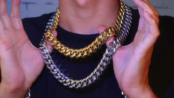 

krkc cz iced out zircon buckle 14k 18k gold plated miami stainless steel cuban link chain necklace set men jewelry cuban link, Silver